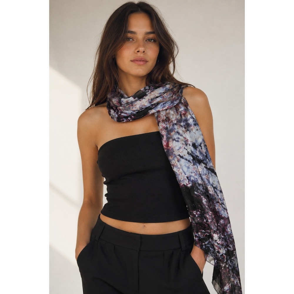 Vivante by USA 100% Silk Abstract Floral Oblong Scarf Purple Gray Black 65"